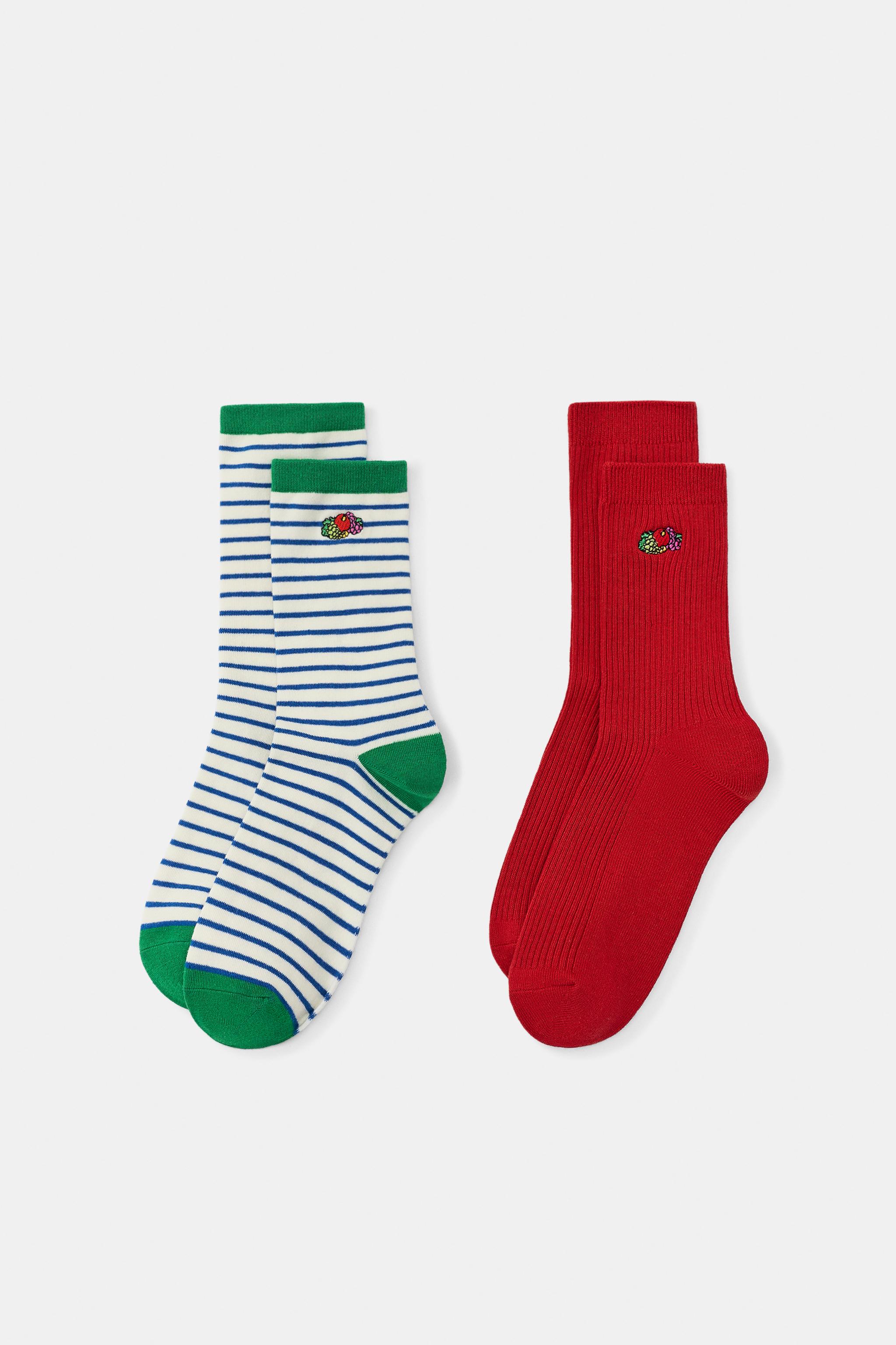 LOT DE 2 PAIRES CHAUSSETTES UNIES ET À RAYURES BRODÉES FRUIT OF THE LOOM™